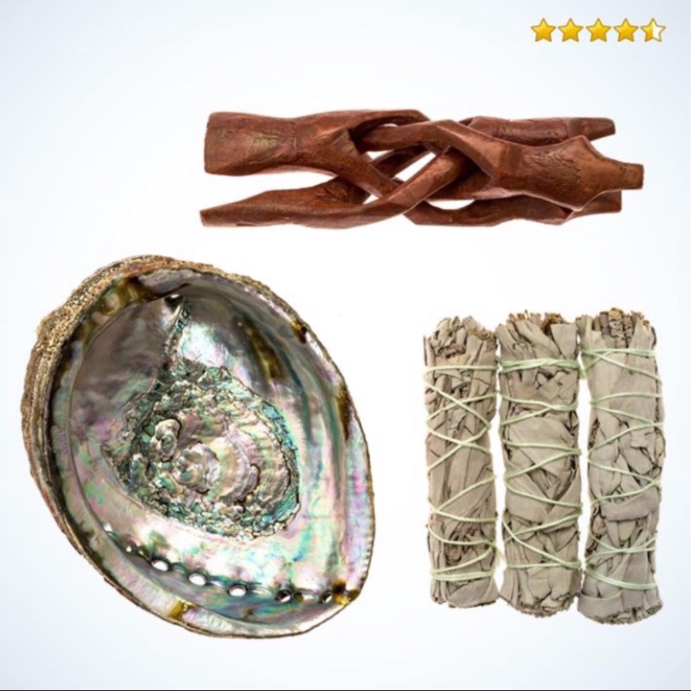 Smudging Kit w/ Abalone Shell, Stand 3X White Sage